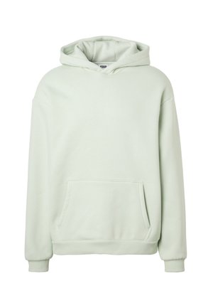 Jasnoszara bluza z kapturem, z przednią kieszenią typu kangurka i długimi rękawami, prezentowana na białym tle.