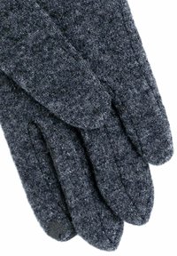 Gants tricotés gris en matériau doux, présentant une texture côtelée avec un ajustement serré. Le design est simple, sans embellissements visibles.