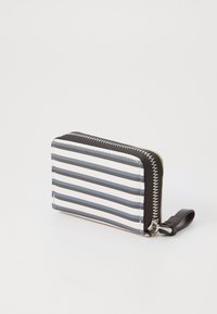 Stripe-patterned wallet in white, navy, and light blue. Features a black zipper and pull tab, with a sleek rectangular design.
