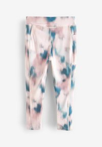 Leggings i et letvægts, strækbart stof med et pink, blåt og hvidt abstrakt tie-dye mønster, elastisk talje og sidelommer.