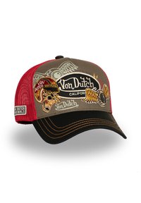 Baseball cap with red mesh back, brown front, black brim, and colorful patches including "Von Dutch California," a roaring panther, and winged eyeball.