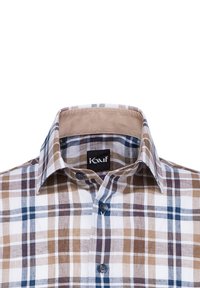 Camicia a quadri in bianco, marrone e blu. Presenta un colletto classico, chiusura con bottoni e un tessuto testurizzato con un motivo a quadri multicolore.