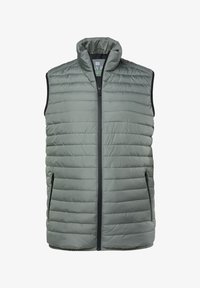 Chaleco acolchado ligero en un color gris apagado, con un alto cuello, cierre frontal de cremallera y dos bolsillos laterales con cremallera. Textura suave.