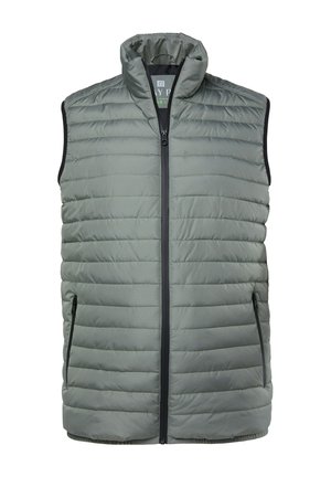 Gilet imbottito leggero di colore grigio tenue, con colletto alto, chiusura frontale con zip e due tasche laterali con zip. Texture liscia.