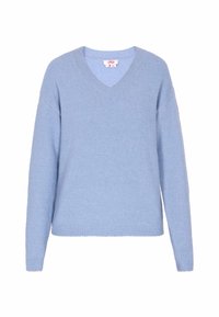 Pulover albastru deschis cu decolteu în V, mâneci lungi, manșete și tiv cu model reliefat, fabricat dintr-un material moale, texturat. Design simplu, fără modele sau accente.