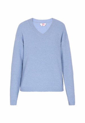 Šviesiai mėlynas megztinis su V formos iškirpte, ilgomis rankovėmis, su gumbėmis ant rankovių ir apačios, pagamintas iš minkštos, tekstūruotos medžiagos. Paprastas dizainas, be raštų ar akcentų.