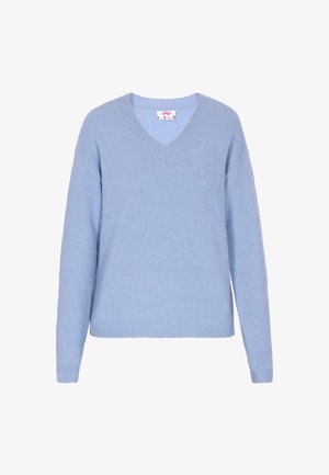 Világoskék, V nyakú pulóver, hosszú ujjú, bordázott mandzsettákkal és aljjal, puha, textúrált anyagból készült. Egyszerű dizájn, minta vagy díszítés nélkül.