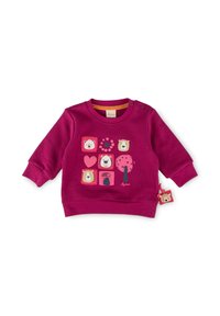 Felpa fucsia con maniche lunghe, dotata di grafiche di animali in quadrati colorati, bottoni sulle spalle e un'etichetta a tema orso.