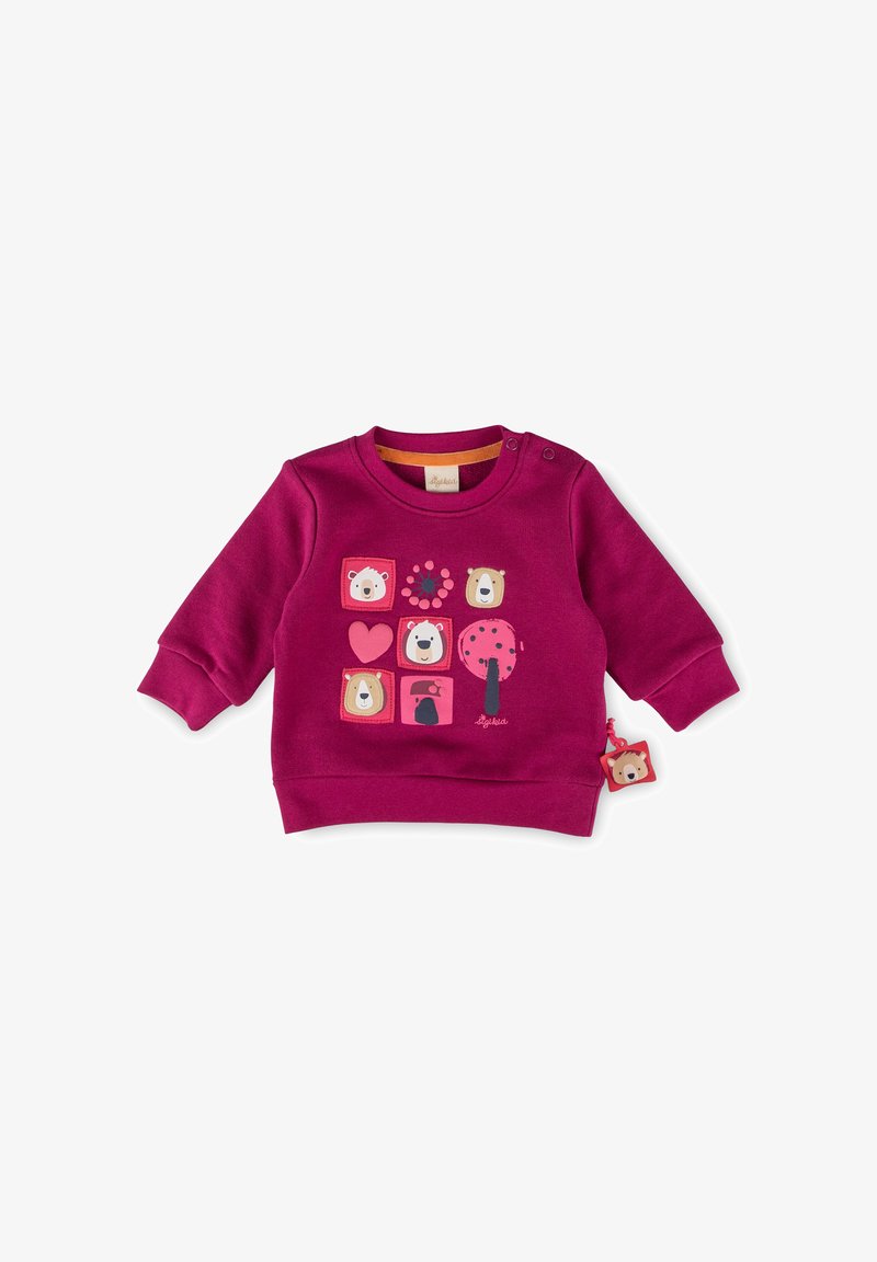 Felpa fucsia con maniche lunghe, dotata di grafiche di animali in quadrati colorati, bottoni sulle spalle e un'etichetta a tema orso.