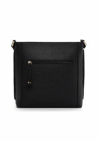 Mustast tekstuuriga nahast õlakott ees horisontaalse luku ja reguleeritava õlarihmaga kuldset värvi detailidega.