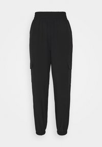 Mustat jogger-housut pehmeästä kankaasta, joissa on joustava vyötärönauha, kapeutetut lahkeet ja kaksi sivulla olevaa cargo-taskua.