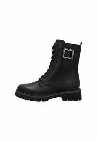 Bottines à lacets noires en simili cuir, avec une boucle sur le côté, une semelle texturée et une plateforme plate pour plus de stabilité.