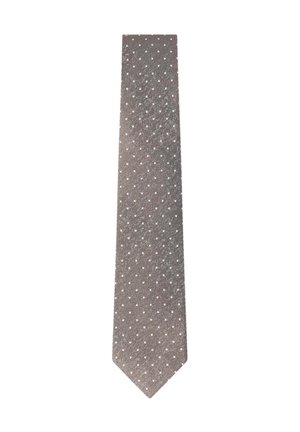 Gray necktie with a small white polka dot pattern, displayed flat against a white background.