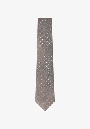 Gray necktie with a small white polka dot pattern, displayed flat against a white background.