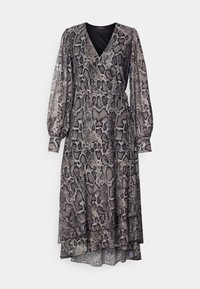 Robe longue à motifs avec un imprimé serpent noir et gris. Encolure en V, manches bouffantes longues et ourlet superposé et fluide. Tissu léger.