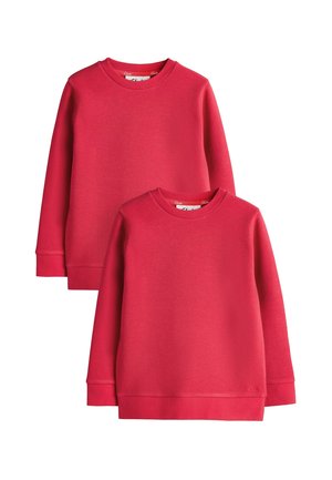 Two plain red long-sleeve crewneck sweatshirts, one larger and one smaller, displayed side by side on a white background.