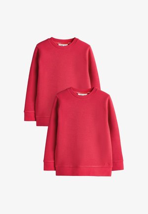 Deux sweat-shirts rouges unis à manches longues avec col rond, un plus grand et un plus petit, présentés côte à côte sur un fond blanc.