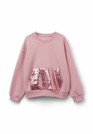 Helles pinkes Sweatshirt mit Rundhalsausschnitt, das eine schimmernde Pailletten-Tasche besitzt. Weicher Stoff, lockere Passform und gerippte Bündchen.