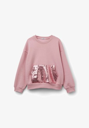 Helles pinkes Sweatshirt mit Rundhalsausschnitt, das eine schimmernde Pailletten-Tasche besitzt. Weicher Stoff, lockere Passform und gerippte Bündchen.