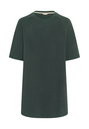 Tricou verde închis, cu mâneci scurte raglan, gât rotund, realizat dintr-un material moale din bumbac, având o croială dreaptă și un design minimal.