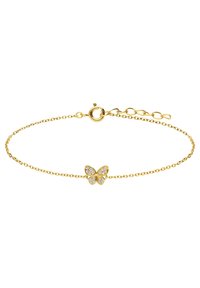 Gouden metalen armband met een vlinderontwerp versierd met heldere kristallen, verbonden door een delicate ketting met een veilige sluiting.