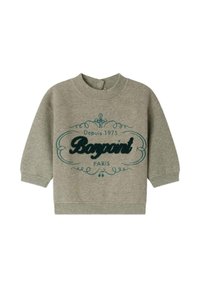 Szara bluza z długim rękawem, z haftowanym logo w kolorze teal i dekoracyjnym napisem. Miękka tkanina, okrągły dekolt i zapięcie na guziki.