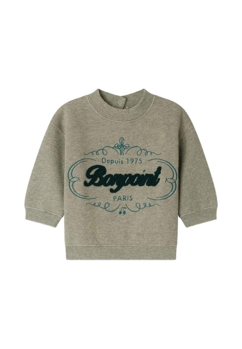 Szara bluza z długim rękawem, z haftowanym logo w kolorze teal i dekoracyjnym napisem. Miękka tkanina, okrągły dekolt i zapięcie na guziki.