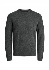 Pull en tricot gris foncé, col rond, manches longues, poignets et ourlet côtelés, tissu texturé avec un léger motif chiné.