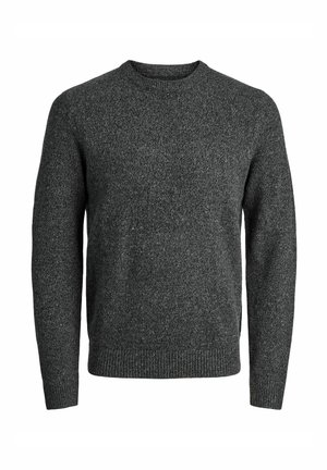 Tumehall villane sviiter, ümar kaelus, pikad varrukad, soonikkoes ja ääred, tekstureeritud kangas, millel on kerge heledate ja tumedate toonide muster.