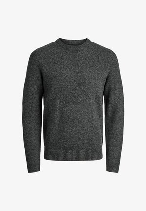 Tumehall villane sviiter, ümar kaelus, pikad varrukad, soonikkoes ja ääred, tekstureeritud kangas, millel on kerge heledate ja tumedate toonide muster.