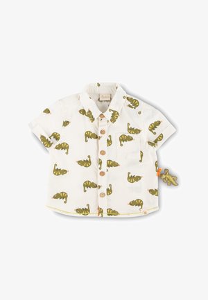 Kurzärmliges, weißes Hemd mit grünemChamäleon-Muster. Verfügt über einen Kragen, Holzknöpfe und eine kleine Brusttasche mit einem dekorativen Akzent.