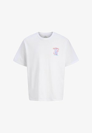 Witte katoenen t-shirt met een ronde hals en korte mouwen; heeft een kleurrijke grafische print op de linkerborst met de tekst "CHAMPIONS."