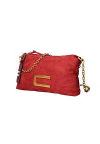 Borsa a pochette in suede rosso con tracolla in catena metallica dorata, fantasie decorative goffrate e un'etichetta logo a contrasto nera e rossa. Chiusura a zip.