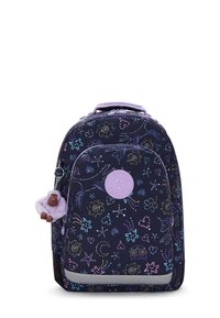 Zaino in tessuto blu navy con motivi floreali e stellari colorati, dettagli in viola, patch in gomma con logo e un portachiavi a forma di scimmia in peluche.