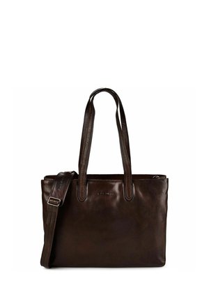 Donkerbruine leren tote bag met twee schouderbanden en een verstelbare crossbodyriem, met een eenvoudige, gladde textuur.