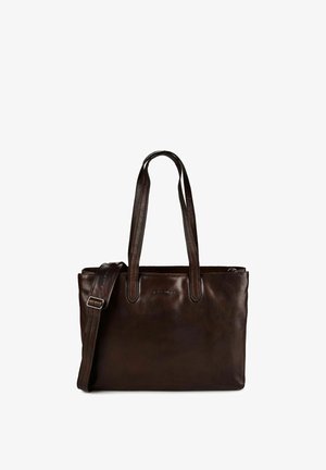 Sac cabas en cuir marron foncé avec deux anses épaules et une sangle ajustable à porter en bandoulière, présentant une texture simple et lisse.