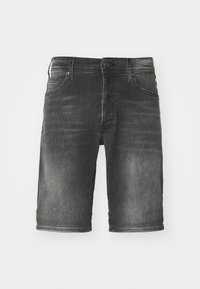 Pantaloni scurți din denim gri închis cu o textură decolorată, având o închidere cu buton, bucle pentru curea și design cu cinci buzunare. Tiv curat la genunchi.