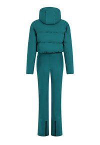 Teal pufferjack met een capuchon en een getailleerd silhouet, met een ritsontwerp bij de benen van de bijpassende getailleerde broek.