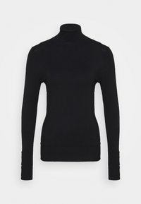 Pull noir ajusté à manches longues avec col roulé, doté de poignets côtelés et de trois boutons dorés sur chaque poignet.