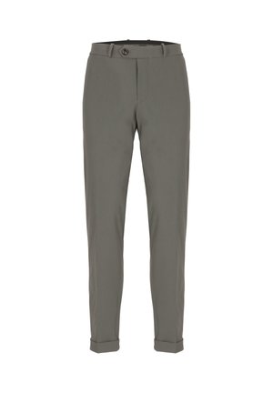 Pantaloni grigi slim fit con una texture liscia, dotati di chiusura con bottone, passanti per cintura e orlo arrotolato.