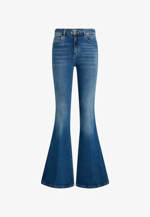 Blue denim flared jeans featuring a high waist, gold hardware at the waistband, and a faded wash for a distinct textured appearance.