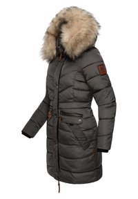 Padded dark gray coat with fur-lined hood, side pockets, and brown leather accents. Features a fitted waist and horizontal quilted pattern.