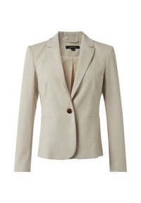 Beżowa marynarka wykonana z teksturowanej tkaniny, z jednym zapięciem na guzik, dwoma przednimi kieszeniami oraz klapami w kształcie ząbków. Widoczna podszewka.