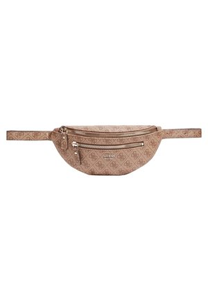 Beige Guess heuptasje met een all-over logopatroon, twee ritsvakken en verstelbare band.