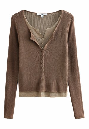Brown ribbed long-sleeve cardigan with matching buttons and beige inner layer visible at neckline and hem.