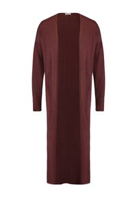 Burgundy lång cardigan med lös passform, öppen front och ärmar med sidospjäll. Slät textur, minimal detaljering och knälång design.