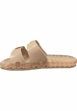 Pantofole in plastica rosa pallido con due fasce larghe e dettagli a taglio, con suola trasparente strutturata e con pattern antiscivolo.