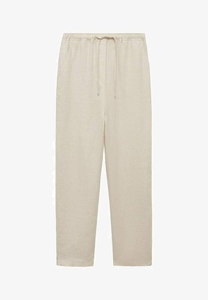 Beige linen trousers with an elastic waistband and adjustable drawstring. Straight-leg design with no visible patterns or hardware.