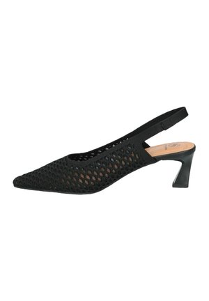 Scarpa da donna slingback in mesh nero con punta appuntita e tacco a blocco di altezza media su sfondo bianco.