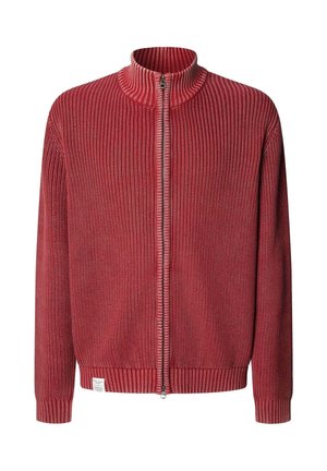 Red knitted zip-up jacket with a high collar, ribbed texture, contrasting zipper, and elastic cuffs. Features a small label at the hem.